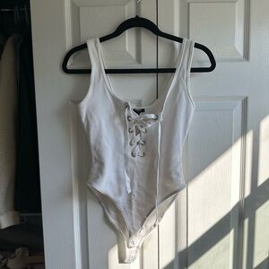 Forever 21 White Ribbed Knit Lace Up Bodysuit Tank Top Casual